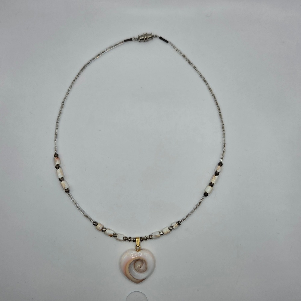 Silver Tone Tube Bead Shell Heart Pendant Choker Necklace 16" Y2K Boho